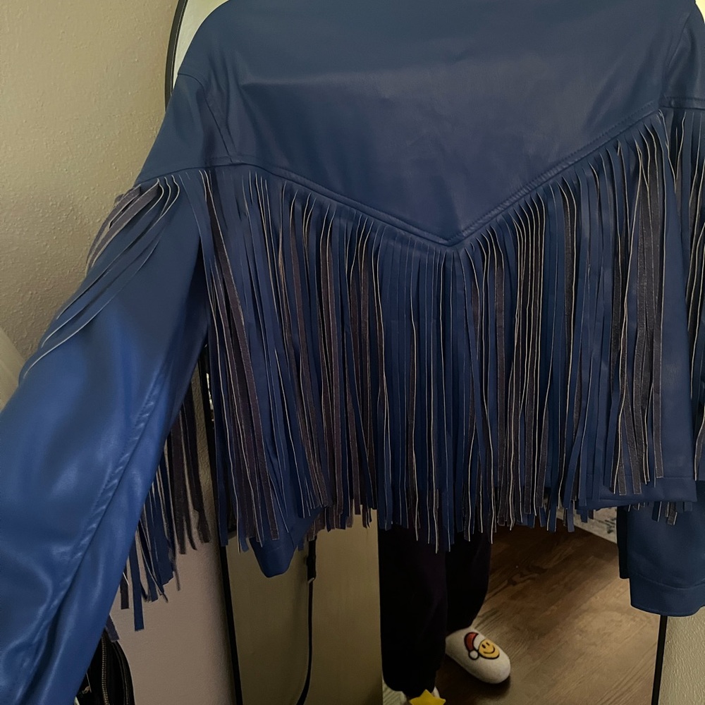 Nasty Gal Royal Blue Faux Leather Fringe Jacket Western Cropped Shacket Size L - Picture 5 of 5